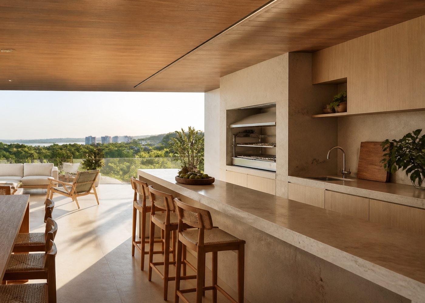 Vista da área gourmet com armários e bancada