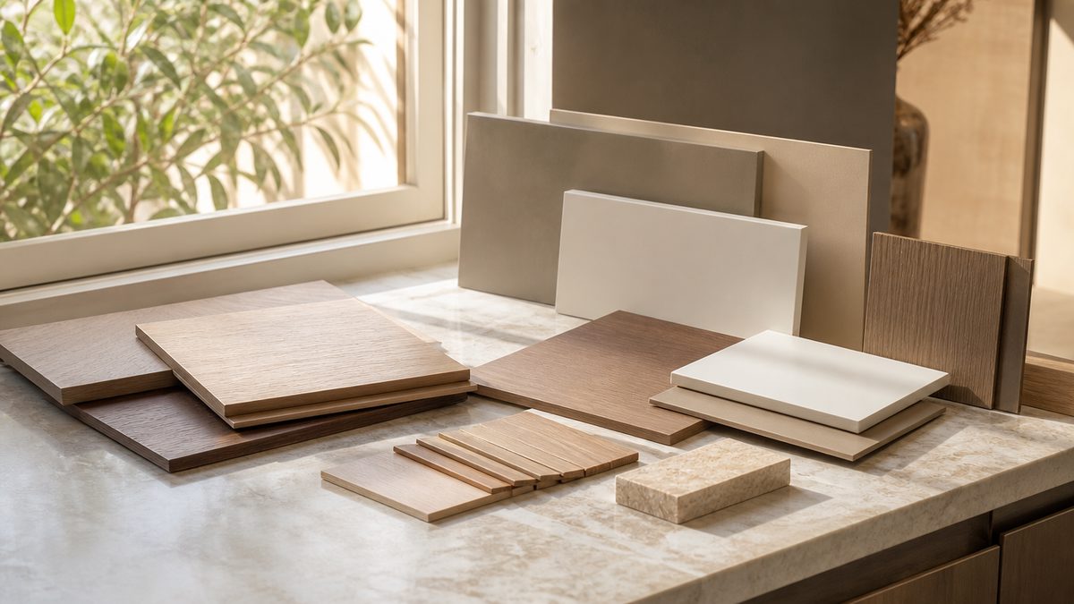Amostras de acabamentos de marcenaria sobre uma mesa