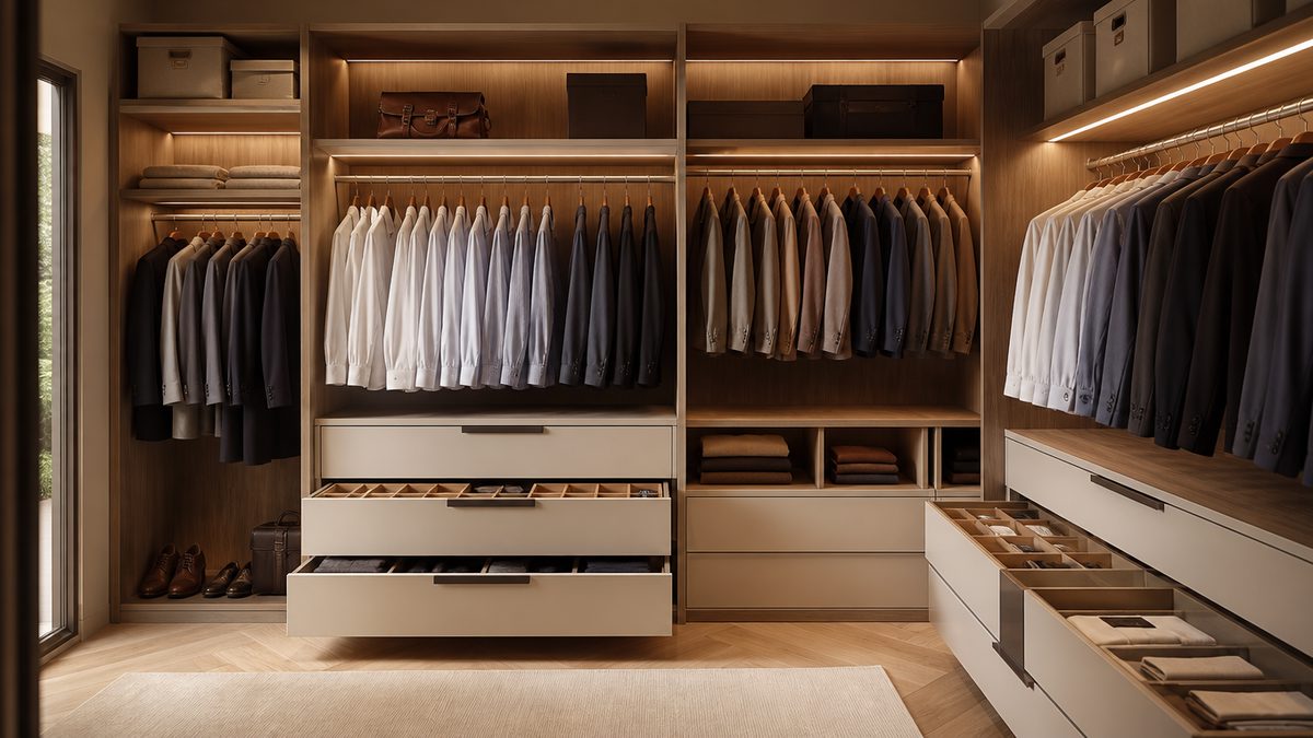 Closet planejado com roupas organizadas e gavetas com divisórias