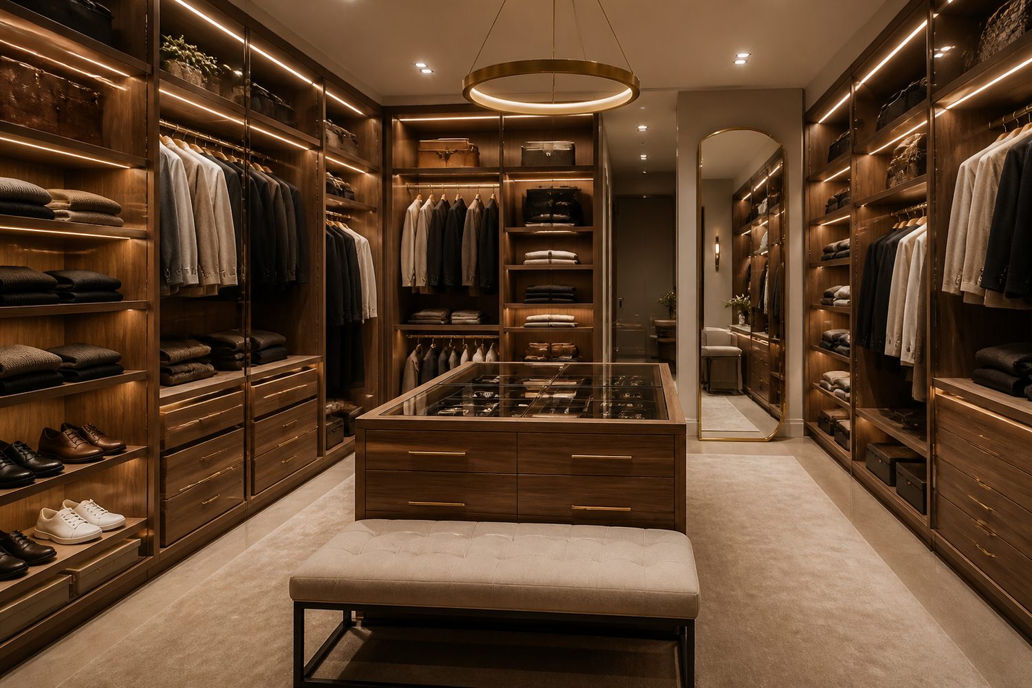 Closet com módulos abertos e ilha central