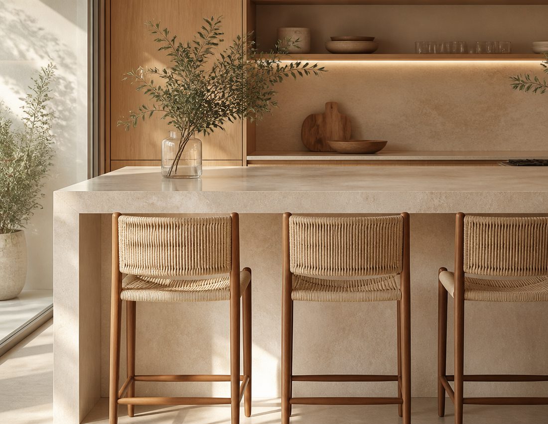 Detalhe da bancada de refeições com banquetas