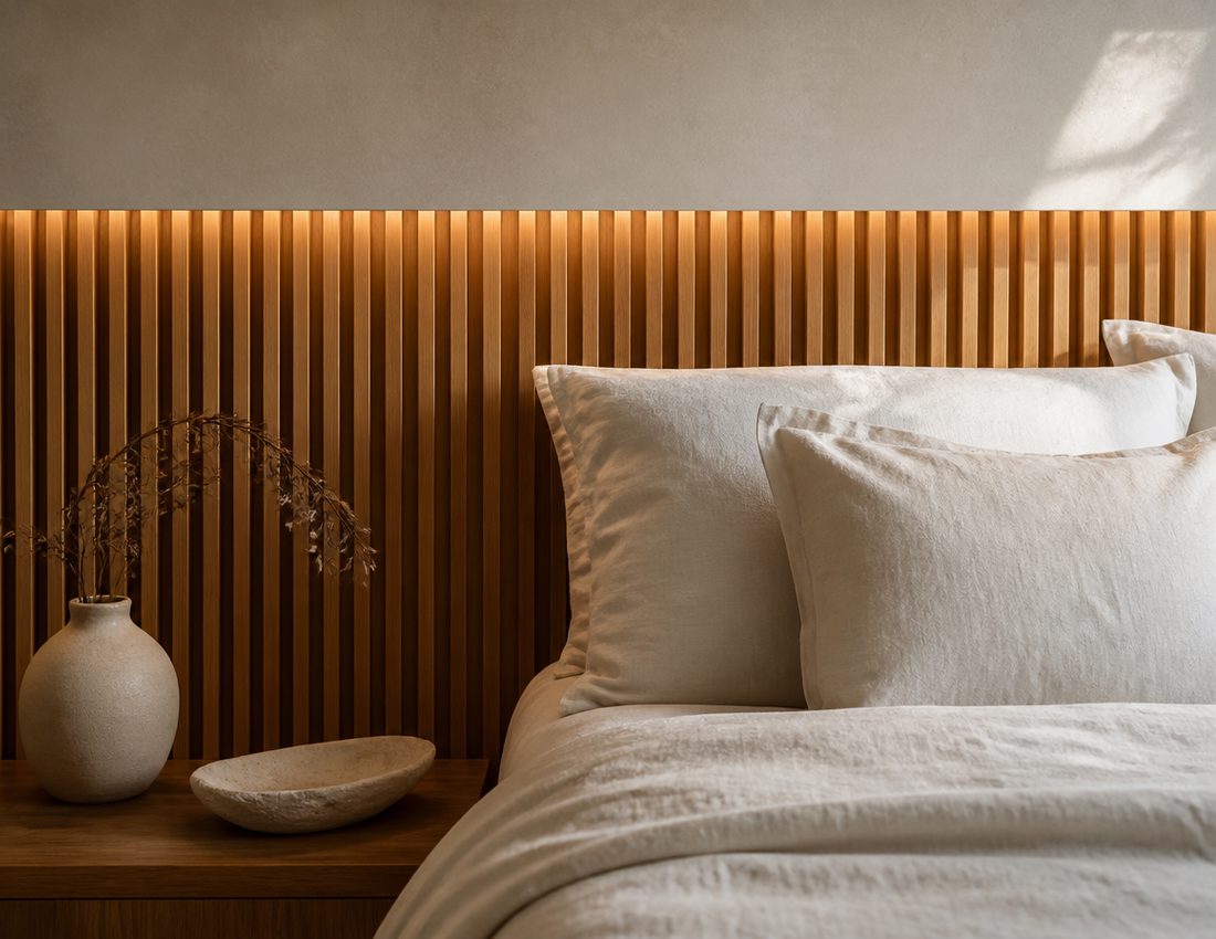 Detalhe do painel ripado com iluminação embutida