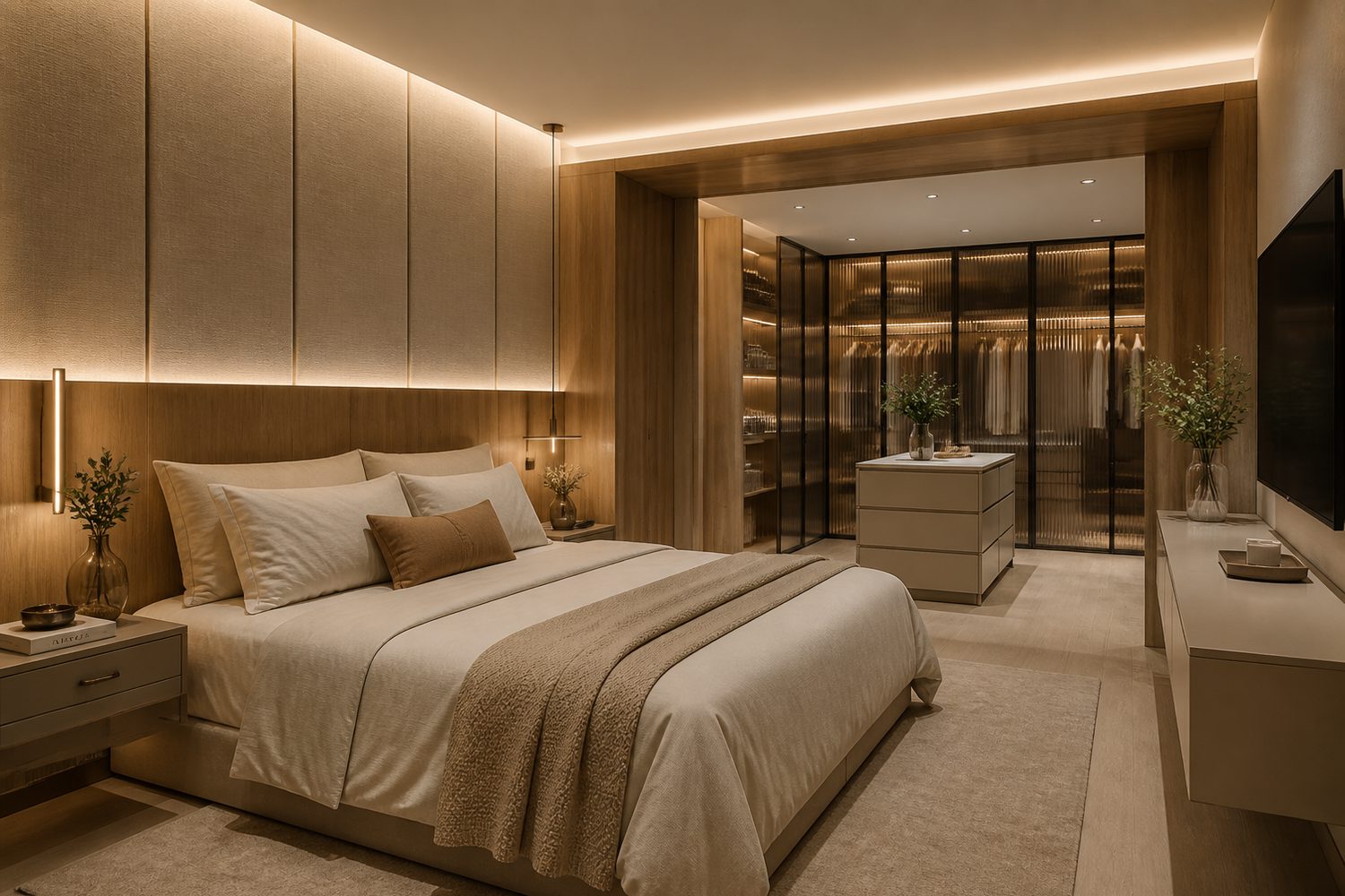 Suíte com painel de cabeceira e closet ao fundo