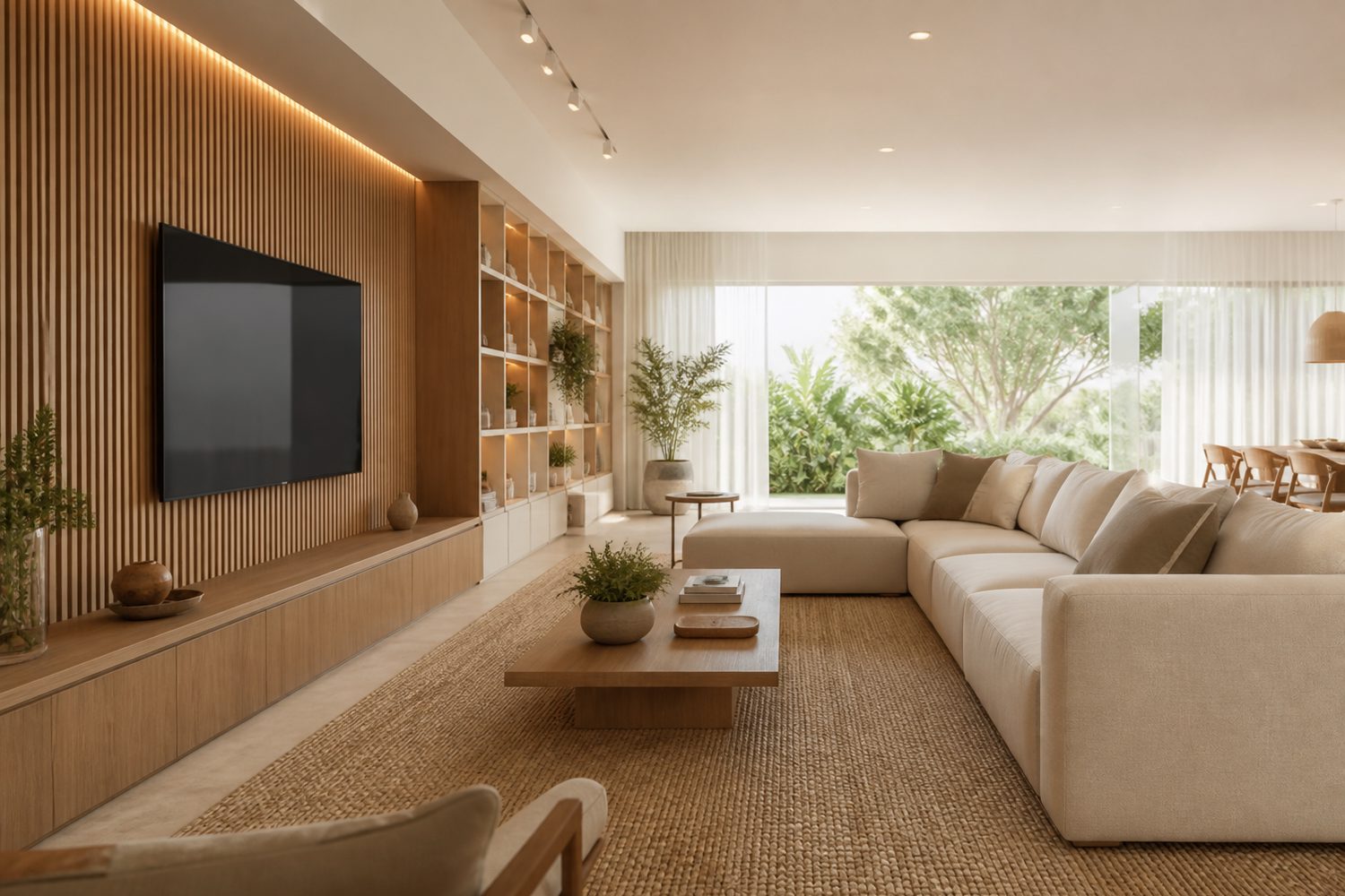 Sala com painel ripado e estante iluminada